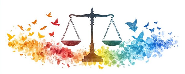 A visual representation of conflict mediation, with peace symbols, negotiation elements, and balanced scales, illustrating peaceful dispute resolution
