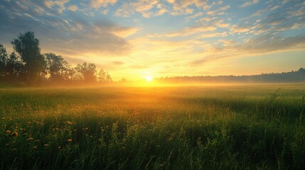 Obraz premium Serene Sunrise Over Calm Meadow Surrounded by Nature's Beauty