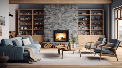 Perfectly Balanced Nordic Inspired Living Room with Muted Blue Color Palette Cozy Wooden Textures and Minimalist Decor for a Serene and Relaxing Atmosphere