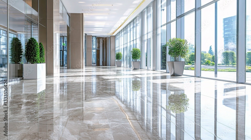 Poster modern lobby with sparkling marble floor and large windows