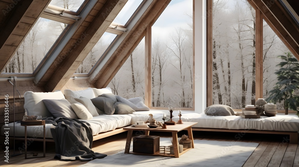Poster cozy and inviting nordic inspired apartment featuring large windows that flood the space with natura