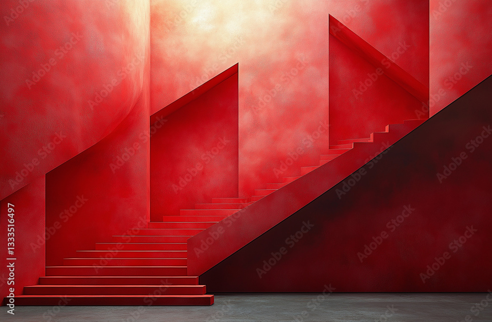 Aufkleber abstract geometric shapes on a red background with a high-end minimalist style, featuring soft light