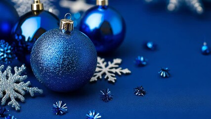 Blue Christmas ornaments and decorations scattered on a blue background creating a festive winter vibe