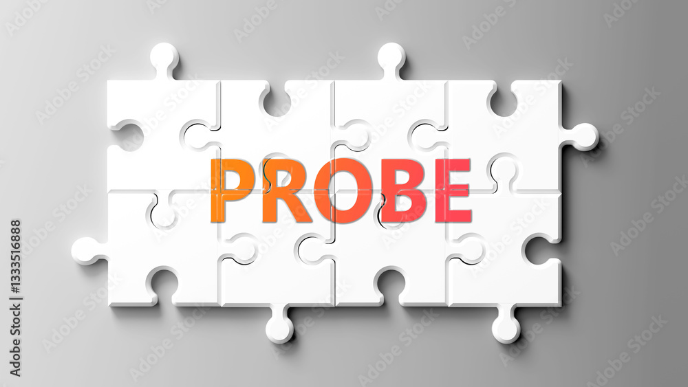 Poster Probe complex like a puzzle - pictured as word probe on a puzzle pieces to show that probe is complex and needs cooperating pieces that fit together. ,3d illustration