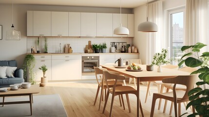 Fototapeta premium Beautifully Designed Scandinavian Inspired Modern Home Interior with Functional yet Stylish Decor Elements