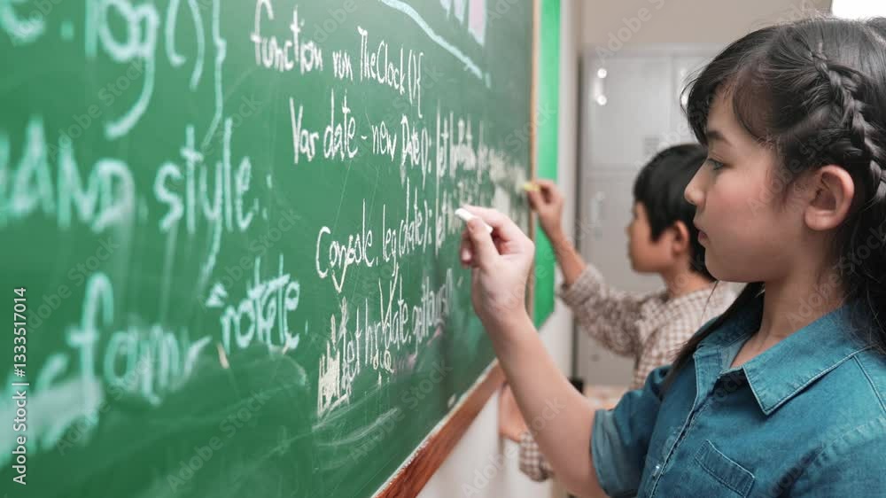 Poster skilled asian girl writing engineering prompt and programing system while standing blackboard with g