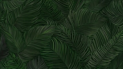Modern seamless pattern of dark green lines with boho-style palm leaves, perfect for textile design, wallpapers, and elegant backgrounds in a vector illustration format.