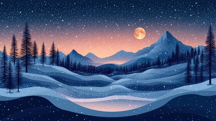 Fototapeta premium Serene Winter Landscape with Moonlit Sky and Falling Snow in a Mountainous Setting