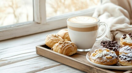 Morning Delight: A cozy morning scene featuring a steaming cup of coffee alongside an assortment of fresh pastries on a rustic wooden tray. The scene is set against a backdrop of a window.