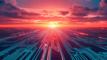 Digital Circuitry Landscape at Sunset