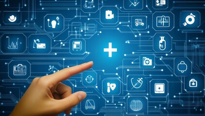 Naklejka premium Hand points to plus sign, healthcare icons, digital interface