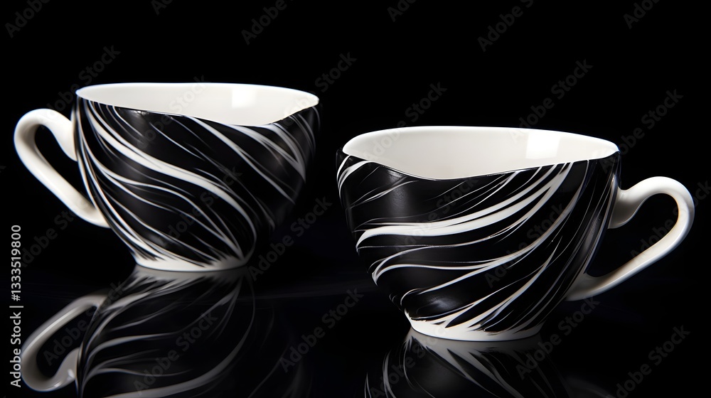 Poster A set of delicate hand painted ceramic tea cups each featuring a unique brushstroke pattern that creates a visually captivating and tableware display