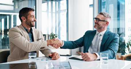 Business, men and meeting with handshake in office for welcome, partnership and financial...