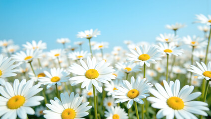 Fototapeta premium Vibrant Spring: A lush field of blooming white daisies stretches out beneath a clear blue sky, creating a picturesque scene that captures the essence of spring's beauty and renewal. 