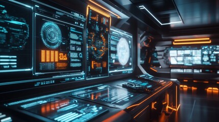Naklejka premium Futuristic Spaceship Bridge Control Room Interface Displays