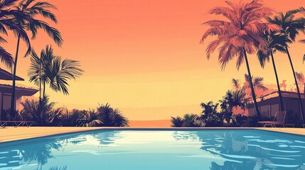 Serene Summer Vector Background with Pool and Tropical Palms