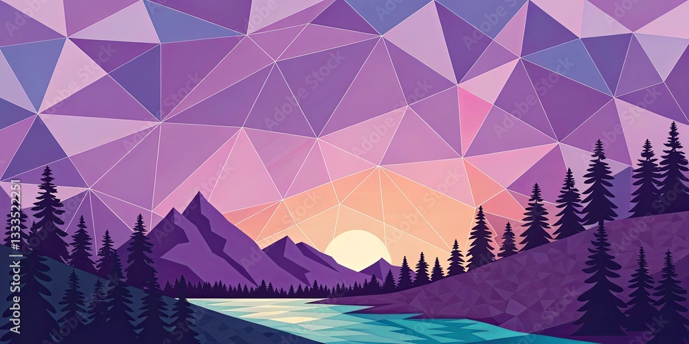 Poster a mountain range with a river and a sunset in the background