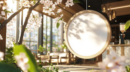 Obraz premium Pristine Circular White Storefront Sign in Elegant Wooden Frame, Suspended Over Modern Coffee Shop with Expansive Windows, Cozy Interior, and Cherry Blossom Petals Drifting in Surreal Spring Light.