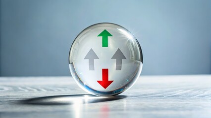 Glass sphere with upward and downward arrows representing business growth and market trends