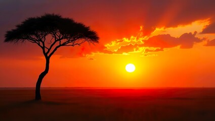 Fototapeta premium Capture the breathtaking beauty of an African sunset with a lone acacia tree silhouetted.
