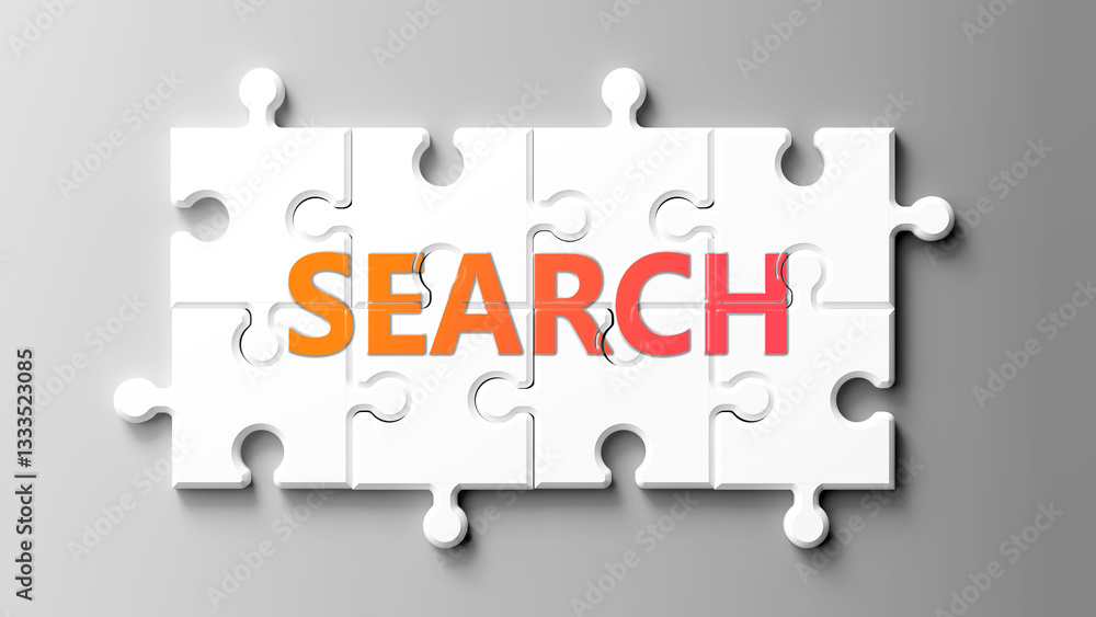 Aufkleber Search complex like a puzzle - pictured as word search on a puzzle pieces to show that search is complex and needs cooperating pieces that fit together. ,3d illustration