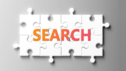 Search complex like a puzzle - pictured as word search on a puzzle pieces to show that search is complex and needs cooperating pieces that fit together. ,3d illustration