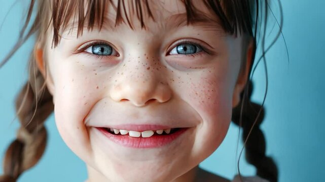 Pure Joy: Portrait of a young girl radiating happiness with a bright smile, freckled face, and captivating blue eyes