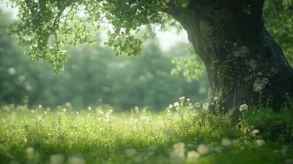 Fototapeta premium Sunlit Meadow with Wildflowers and Majestic Tree Trunk