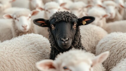 Black Sheep Among White Flock: Close-up Portrait