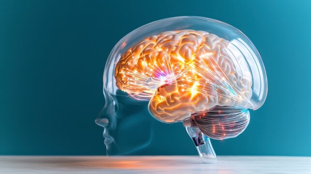 A futuristic vision unfolds as a transparent robotic head displays its intricate, AI-driven brain, a mesmerizing network of computational power This innovative design represents the forefront of