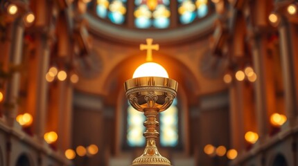 Obraz premium Golden Chalice in Church Lit by Soft Light