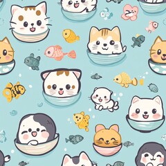 Adorable Kawaii Pet Pattern Featuring Dogs, Cats, and Tiny Fish in Bowls