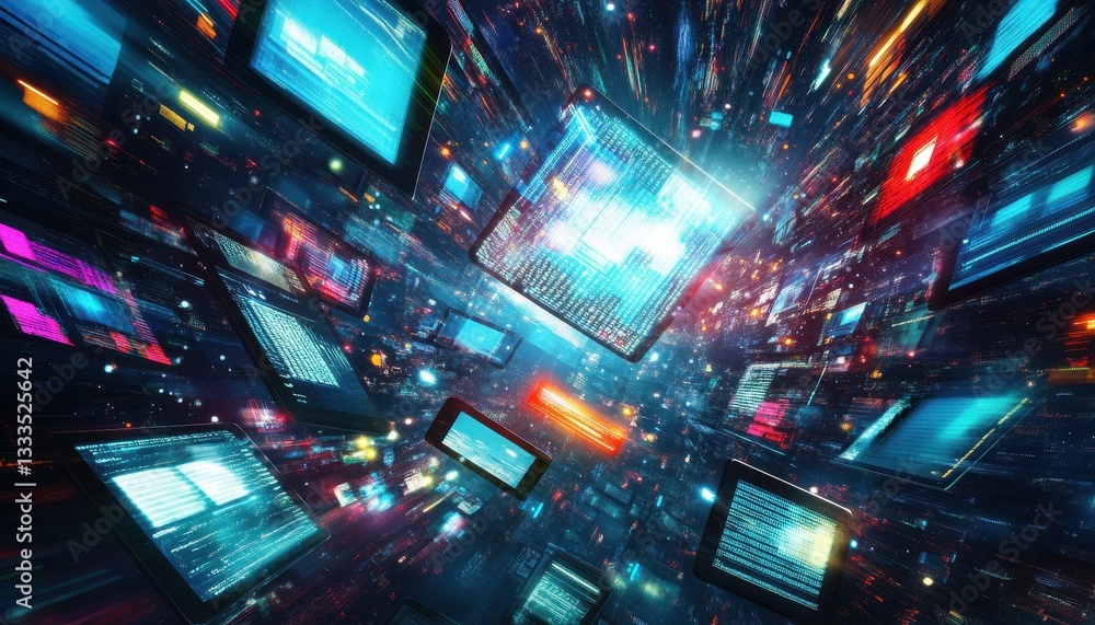 Poster abstract digital data network: colorful glowing screens in dynamic motion