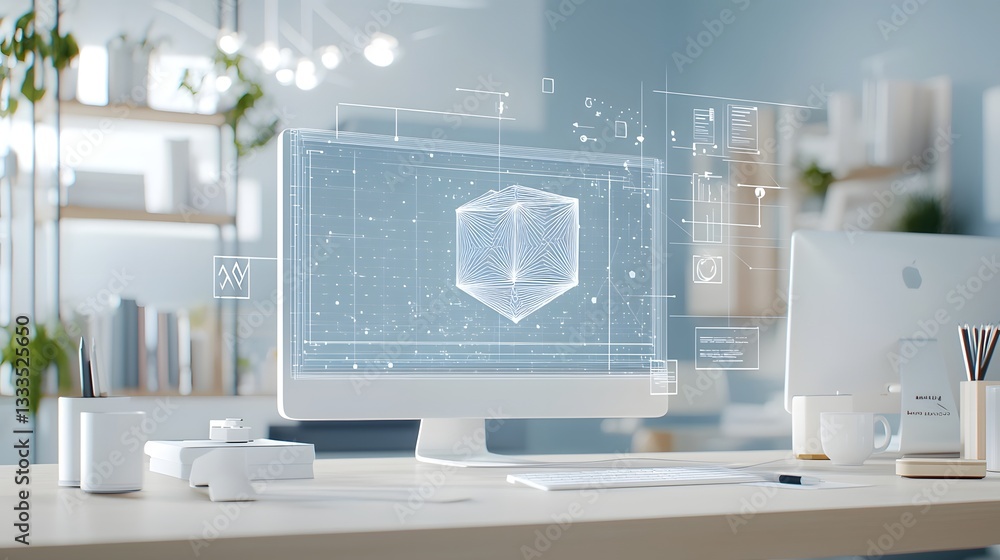 Poster mesmerizing holographic sculpture effortlessly floating above a sleek minimalist design desk showcas