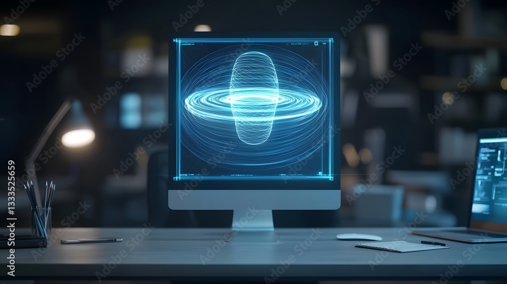 Aufkleber captivating holographic sculpture floating effortlessly above a sleek minimalist desk design offerin