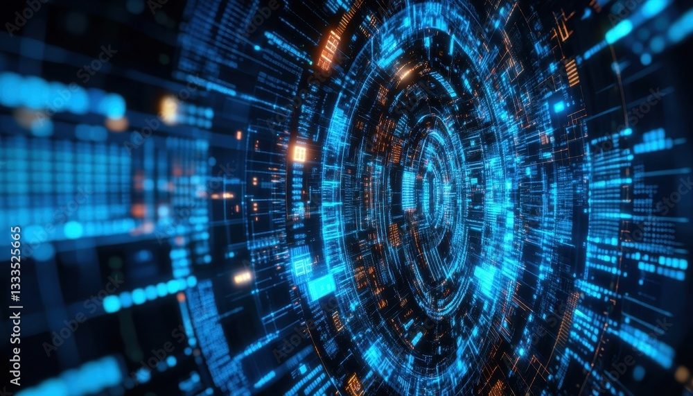 Poster Abstract Digital Data Network Tunnel with Glowing Blue and Orange Lines
