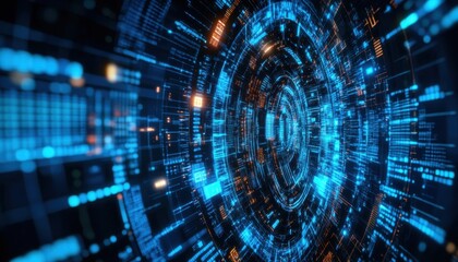 Obraz premium Abstract Digital Data Network Tunnel with Glowing Blue and Orange Lines