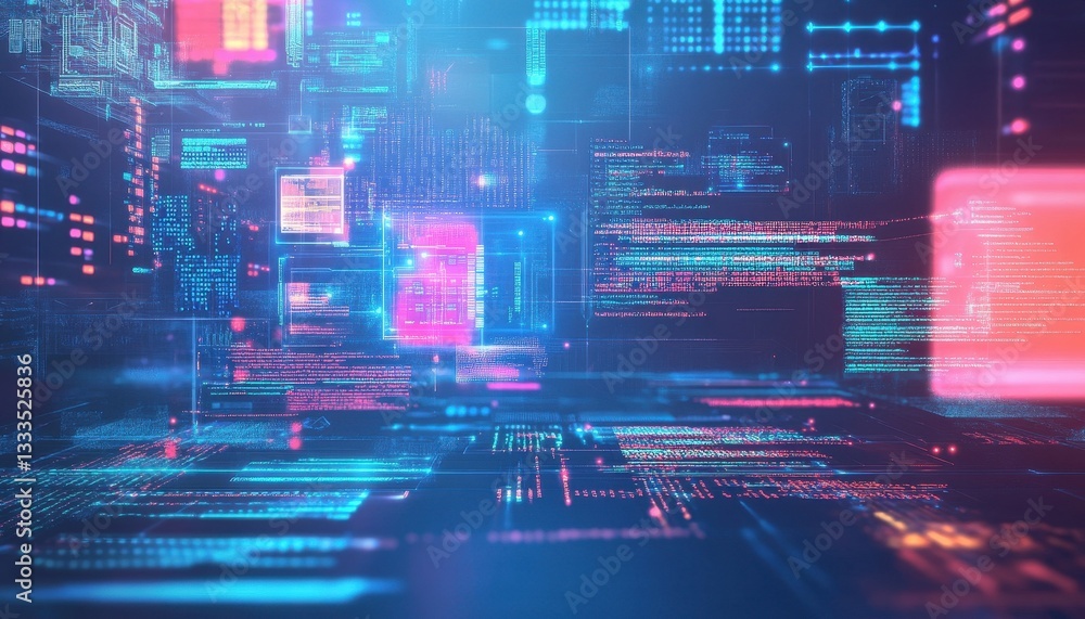 Aufkleber Abstract Digital Data Stream with Glowing Neon Lines and Shapes