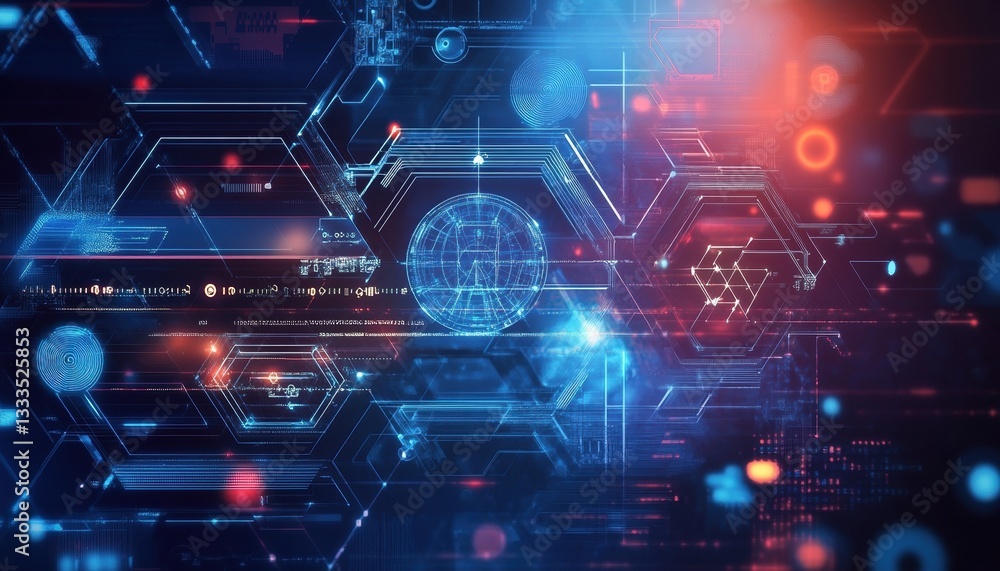 Poster Abstract Digital Network Background with Glowing Blue and Red Lines
