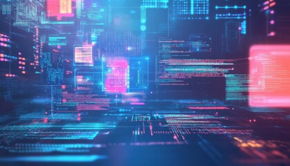 Abstract Digital Data Stream with Glowing Neon Lines and Shapes