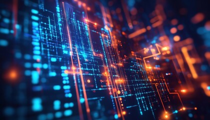 Obraz premium Abstract Digital Network Data Flow: Glowing Blue Orange Lines and Circuits on Dark Background