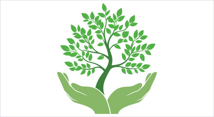 Hand holding green tree vector design. Green nature symbol hands holding tree for eco awareness. Green hands supporting tree environmental care eco growth vector illustration