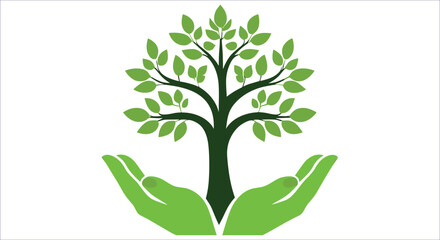 Hand holding green tree vector design. Green nature symbol hands holding tree for eco awareness. Green hands supporting tree environmental care eco growth vector illustration