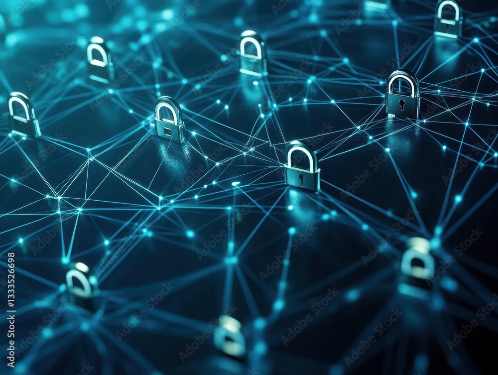 Poster abstract network security concept: glowing blue padlocks connected by lines