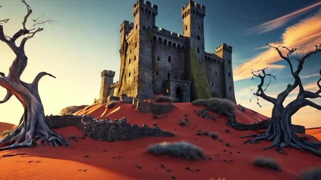 abandoned ancient spooky castle, fortress in desert background 