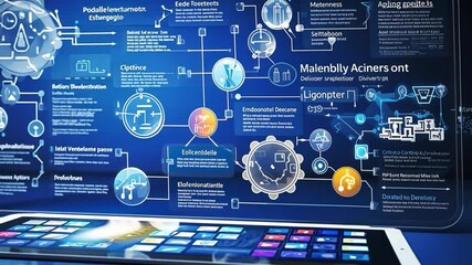 Digital Innovation: A futuristic computer screen displaying a complex network of interconnected data points and informational graphics. Representing the cutting edge of technological advancement. - Powered by Adobe