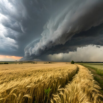  A massive supercell storm with ominous rolling clouds approaches a golden wheat field, creating a dramatic contrast between the sky and land.