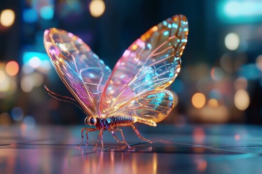 Experience the ethereal beauty of a holographic butterfly with smooth, transparent wings, reflecting a futuristic digital world, a mesmerizing dance of light and technology Discover this stunning