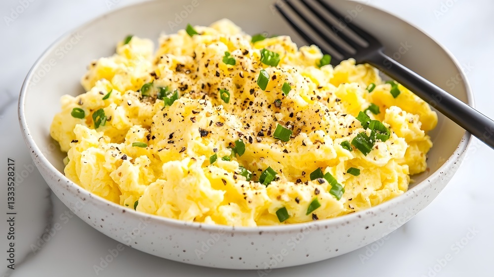 Poster soft and creamy scrambled plated on a smooth marble surface creating a visually appealing and food p