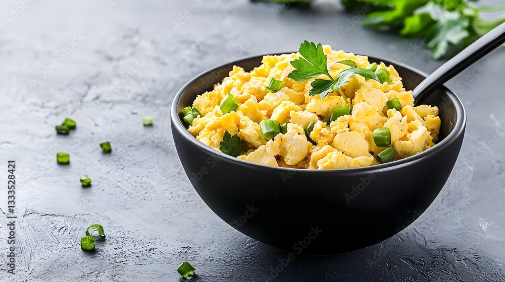 Poster expertly swirled and delicately presented scrambled eggs in a stylish black bowl creating a visually
